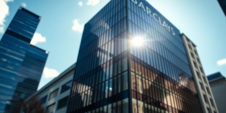 Barclays building exterior with city skyline.