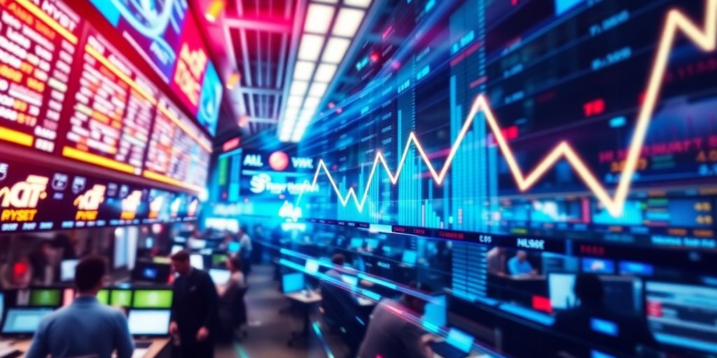 Dynamic stock market with flowing financial data.