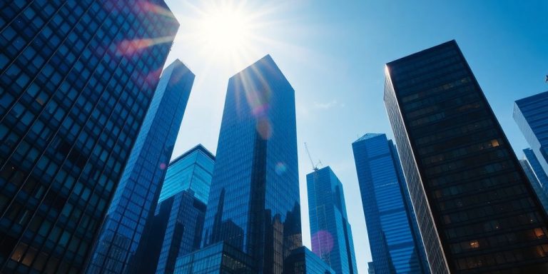 Chinese financial district with modern skyscrapers against a clear sky.