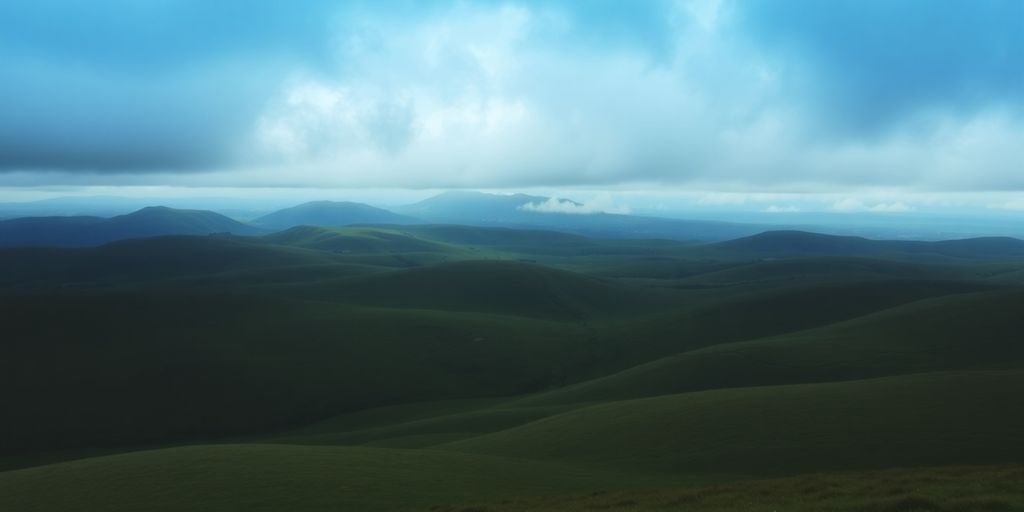 Vast green hills under a dramatic sky