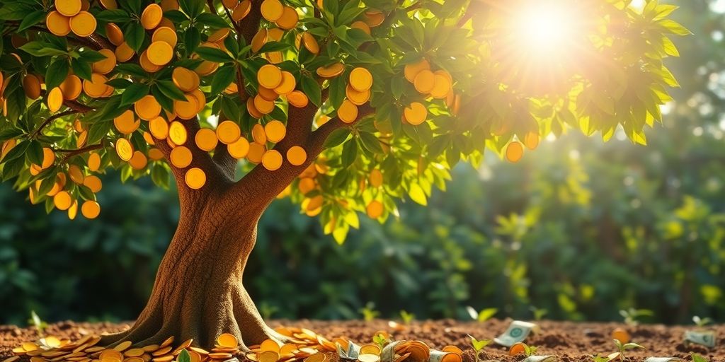 Growing money tree with coins falling.