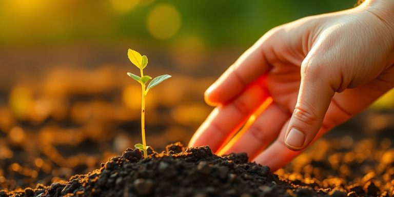 Hand holding a sprouting seedling in golden light