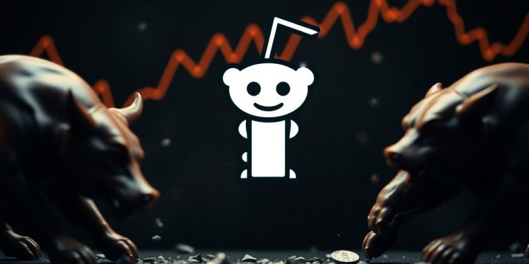Reddit logo with stock market bull and bear.