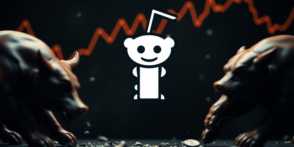 Reddit logo with stock market bull and bear.
