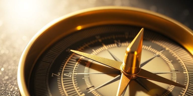 Golden compass pointing towards abstract investment growth.