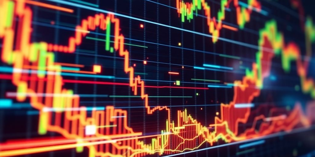 Dynamic financial data flowing on a digital display.