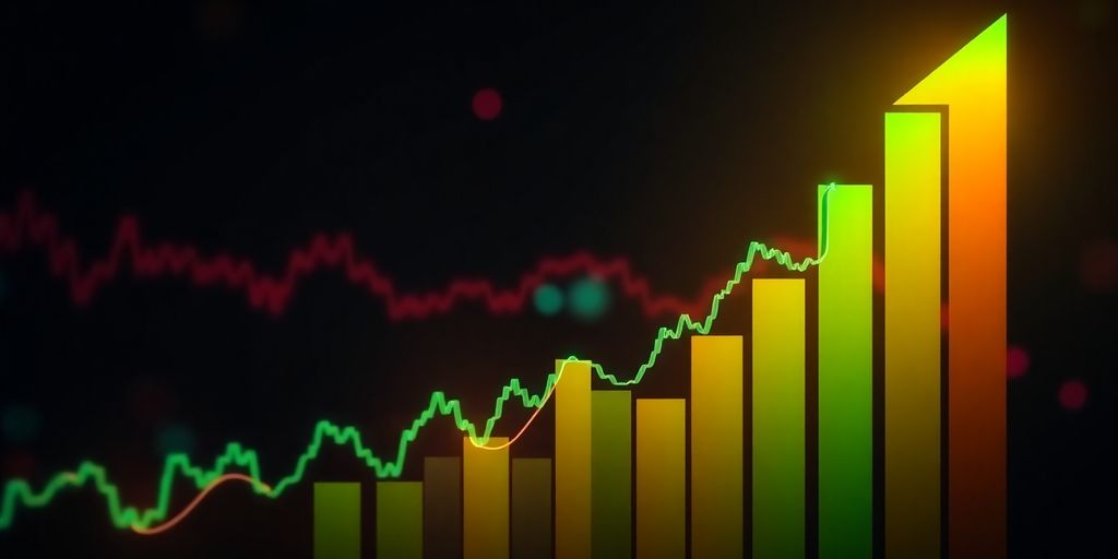 Upward trending financial market with green and red color elements.