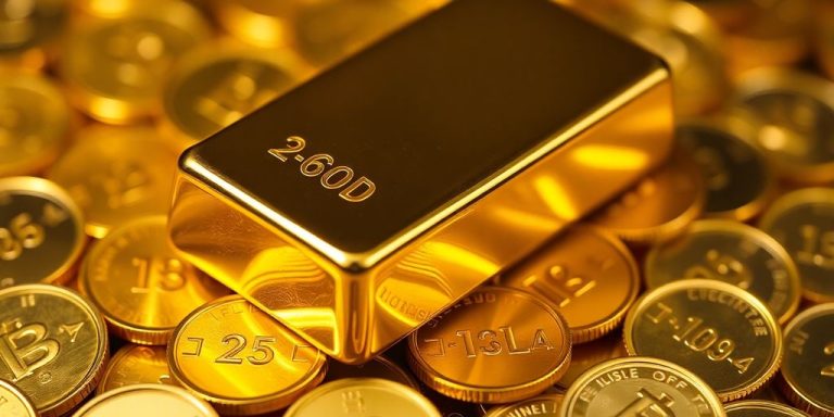 A gleaming gold bar rests on a pile of coins.