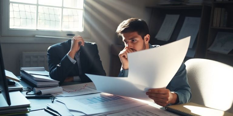 Investor reviewing financial documents with a confident expression.