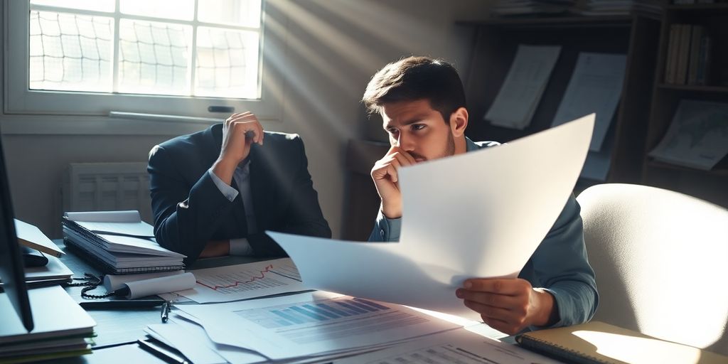 Investor reviewing financial documents with a confident expression.