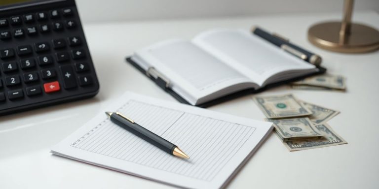Ledger book, pen, and currency on a desk.