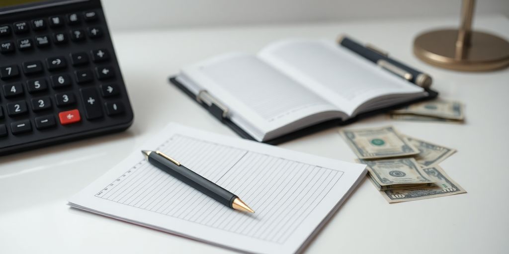 Ledger book, pen, and currency on a desk.