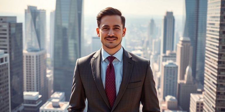 Investment banker in a suit looking at a city skyline.