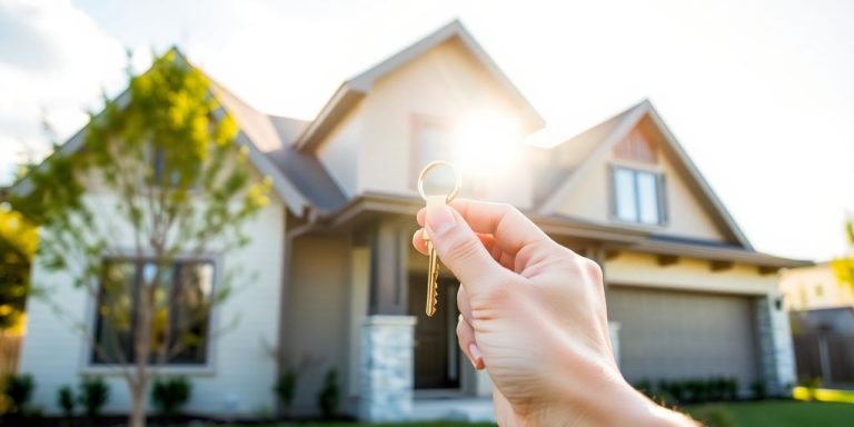 House with key, sunny day, real estate investment