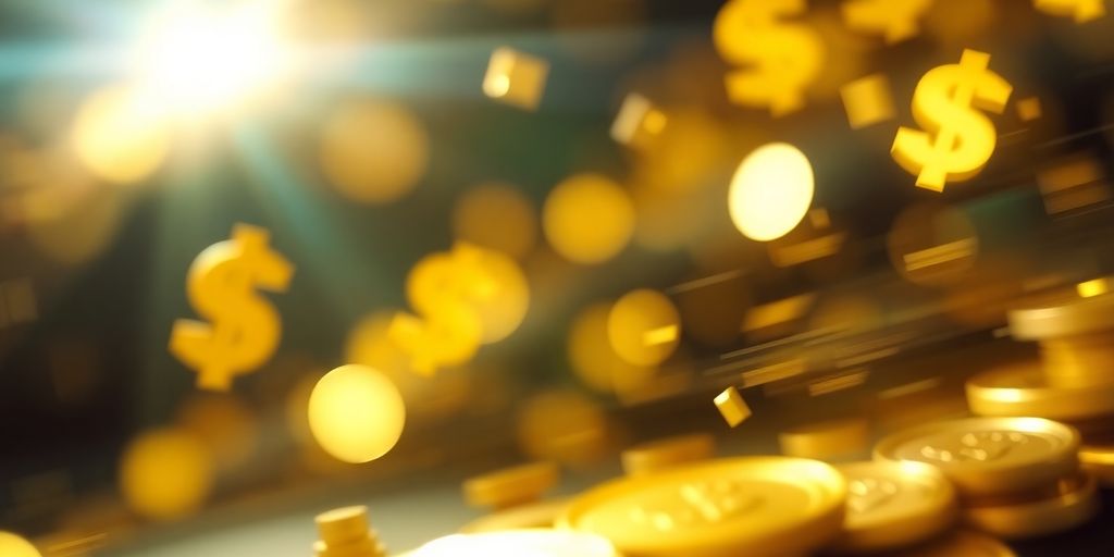 Financial symbols floating around a golden coin.