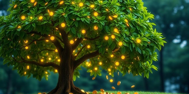 Money growing on a tree with coins falling.