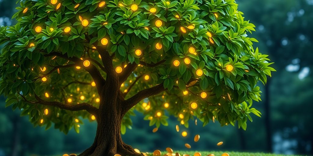 Money growing on a tree with coins falling.