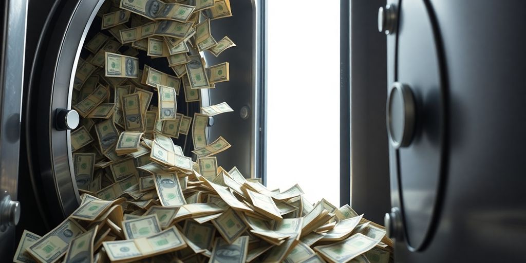 Money flowing into a secure vault.