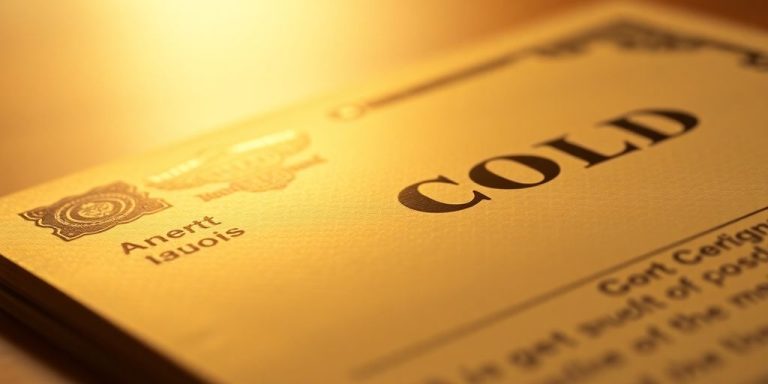 Gold bond certificate with a blurred financial background.