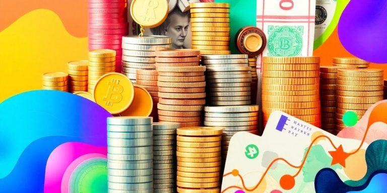 Diverse financial elements collage with coins and abstract patterns.