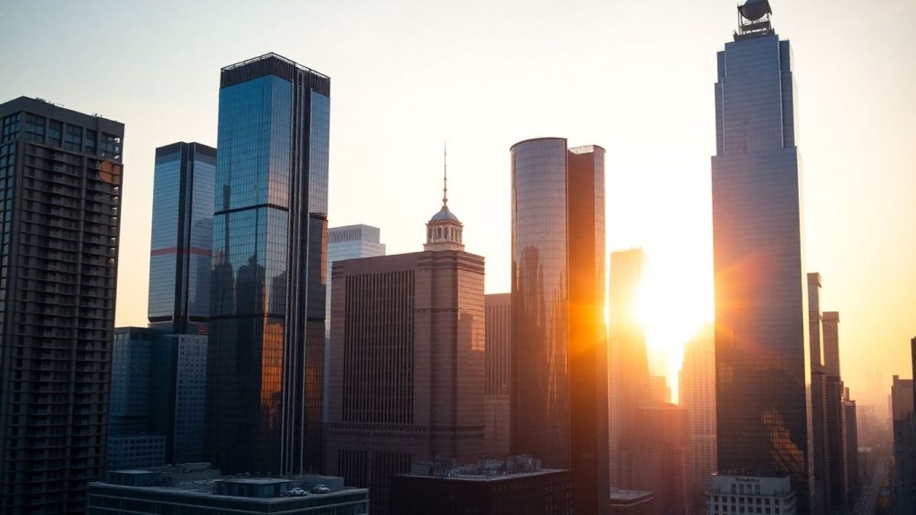Skyscrapers at sunrise, symbolizing financial growth and opportunity.