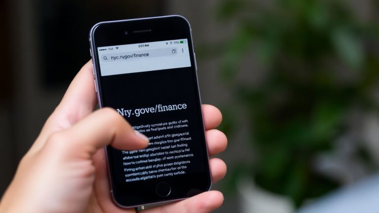 Hand holding smartphone with nyc.gov/finance website.