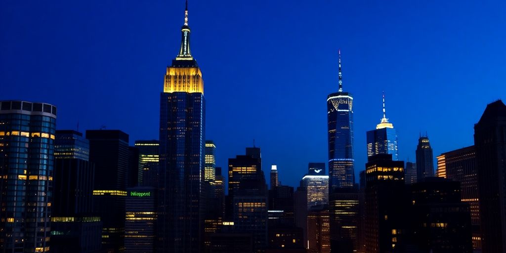 New York City skyline at dusk with illuminated skyscrapers.