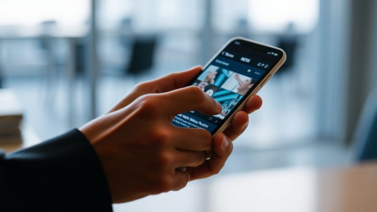 Hands holding a smartphone with a news feed.