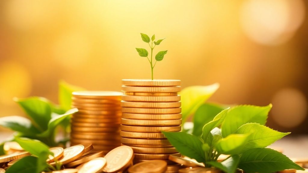 Golden coins with a green sprout, symbolizing financial growth.
