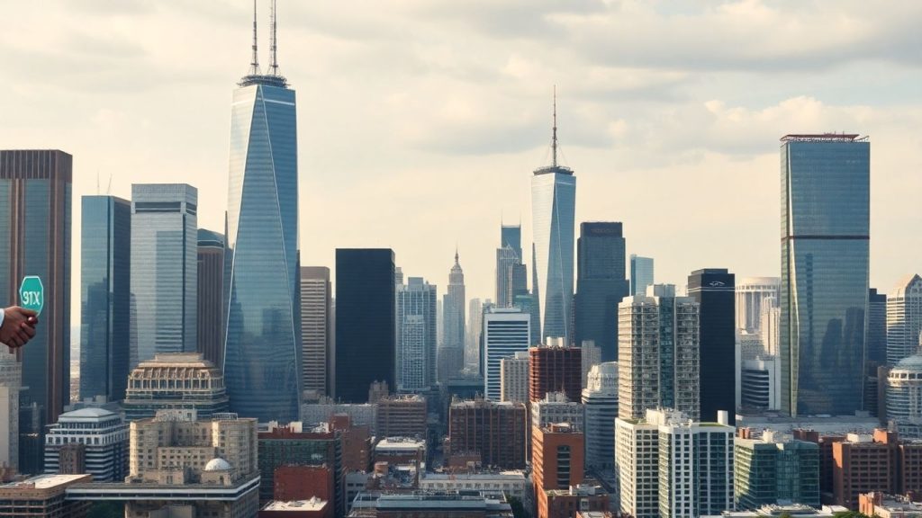 Toronto skyline with financial district buildings.