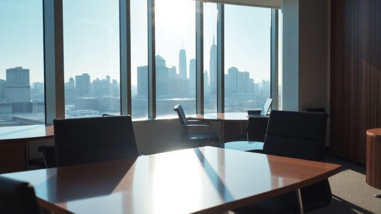 Modern office interior with natural light and city view.