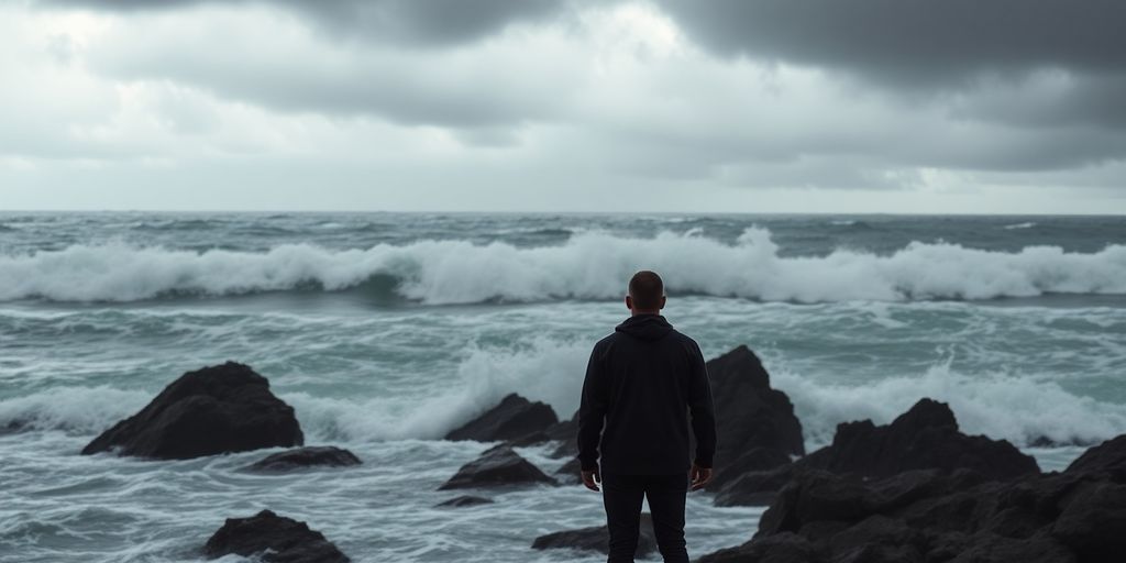 Person facing stormy ocean waves and dark clouds.