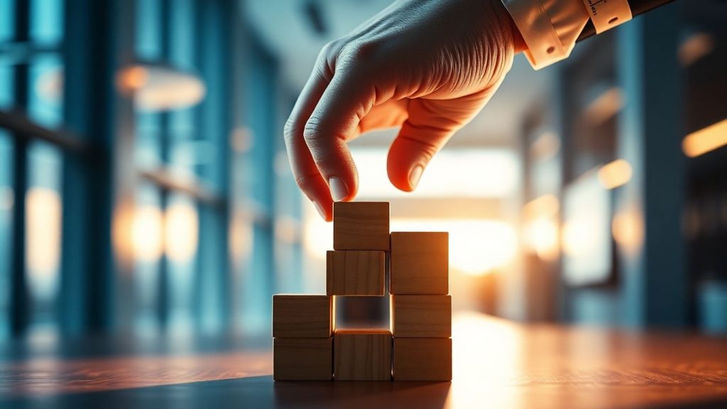 Hand rearranging corporate building blocks, illustrating strategic change.