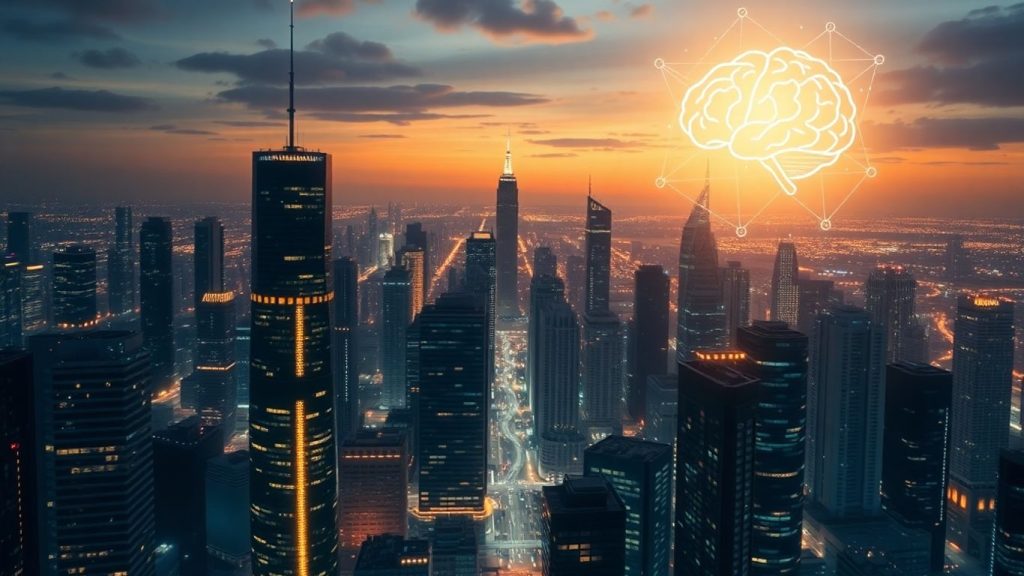 Futuristic city with AI brain icon