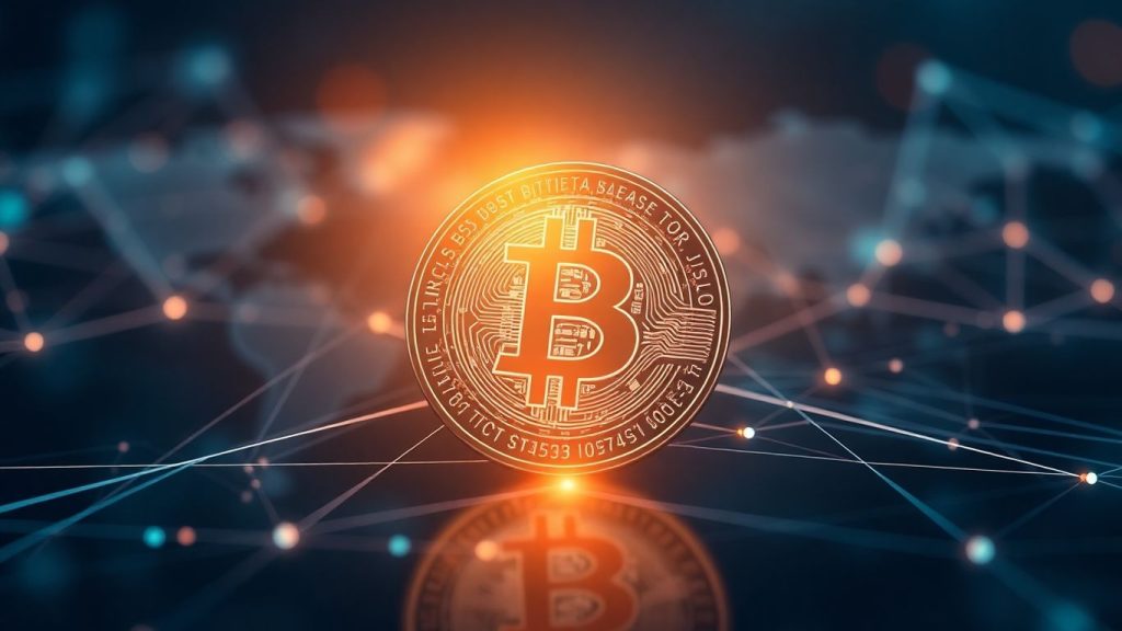 Digital currency coin with glowing aura and network background.