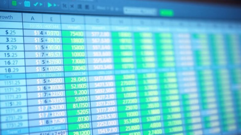 Excel spreadsheet with glowing financial data.