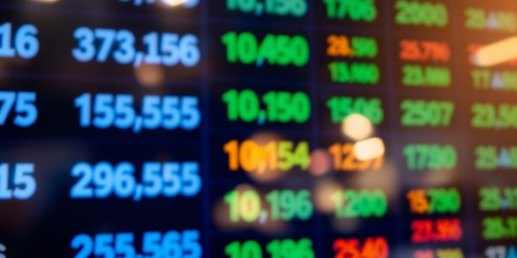 Blurred stock ticker numbers and scrolling financial data.