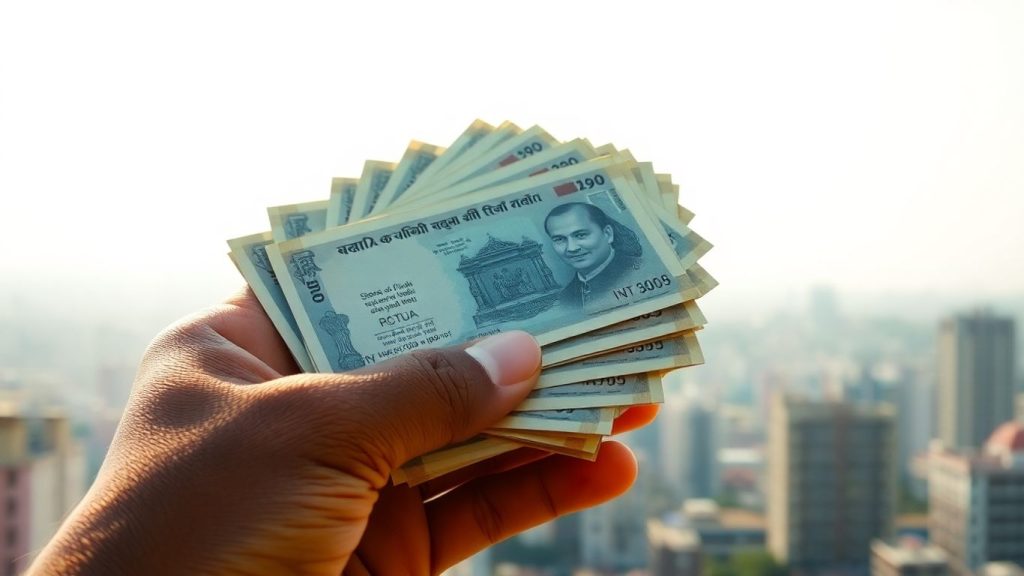 Indian rupees and a blurred city background.