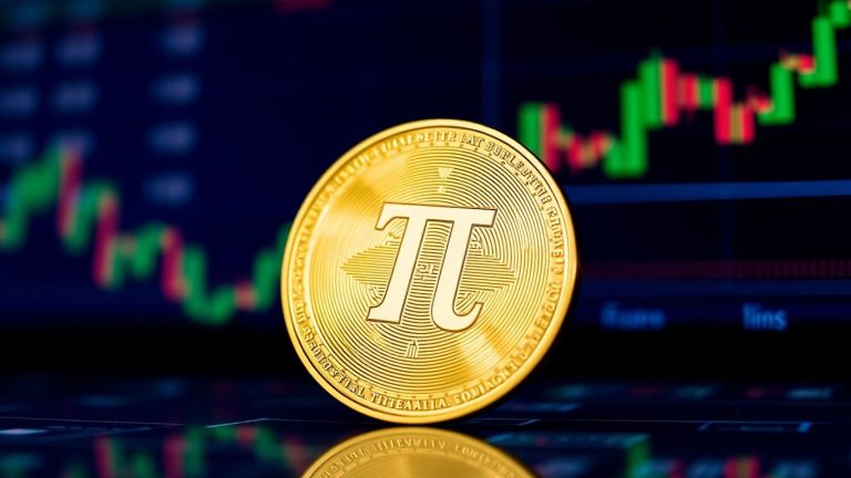 Golden Pi coin against blurred financial market background.