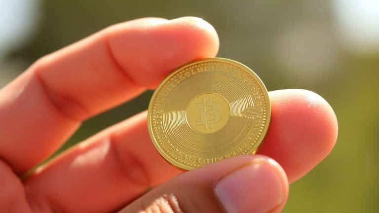 Golden coin held in hand, sunlight glinting off its surface.