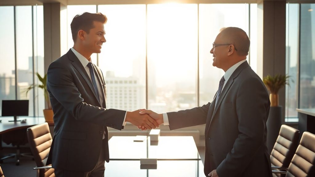 Young professional shaking hands with banker in modern office.