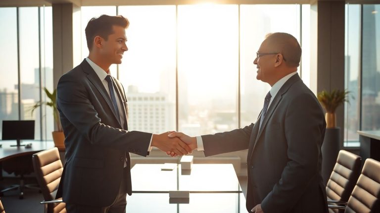 Young professional shaking hands with banker in modern office.