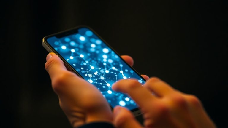 Person using smartphone with glowing digital interface.
