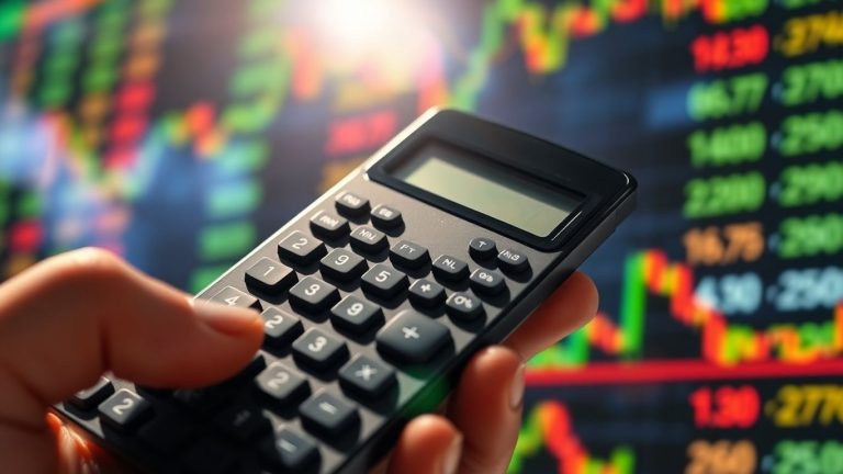 Calculator showing financial returns with stock charts.