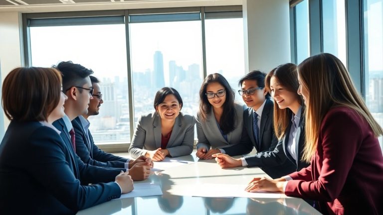 Investment advisors collaborating in a modern office with city views.