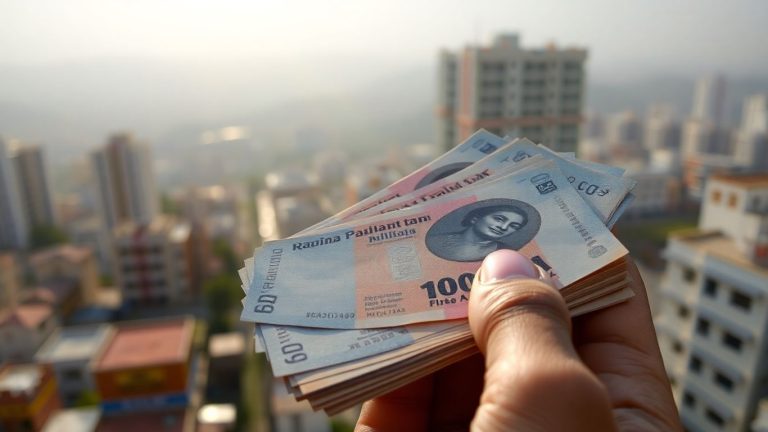 Pakistani Rupees and cityscape for finance meaning.