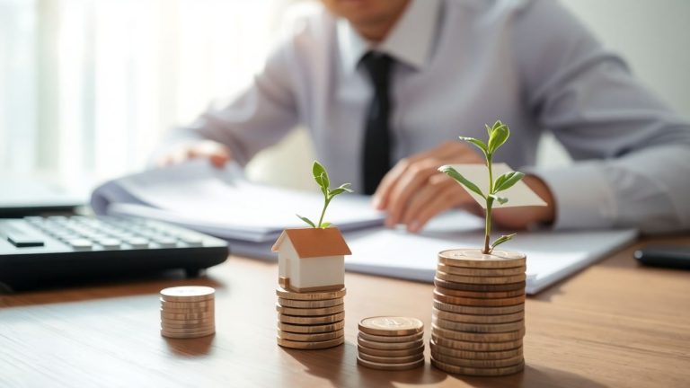 Person reviewing property financing documents with house model.