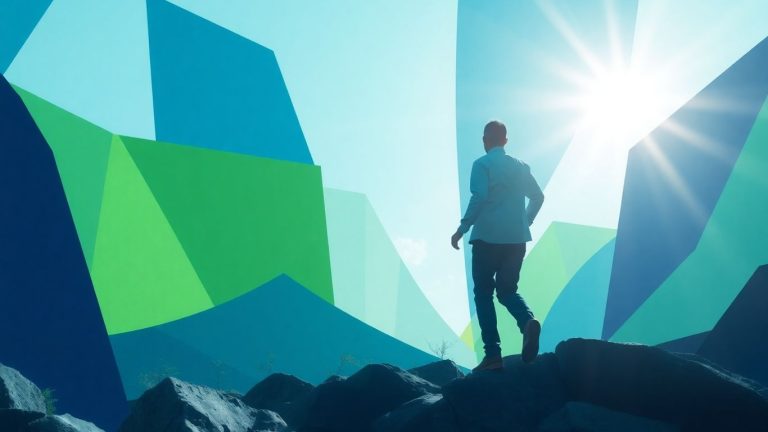 Financial landscape with geometric shapes and sunlight.