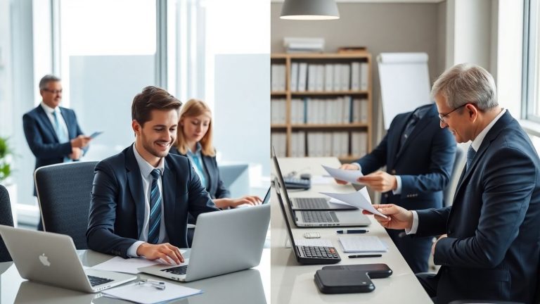 Business teams in contrasting modern and traditional office settings