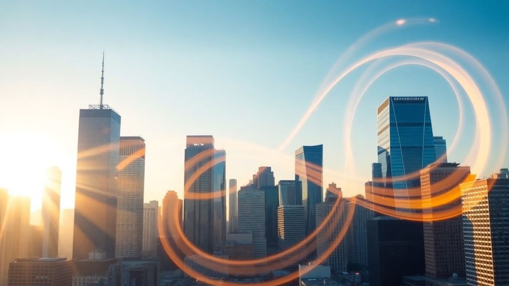 Cityscape at dawn with golden light swirl.